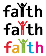 vector faith word and man with raised hands in worship prayer