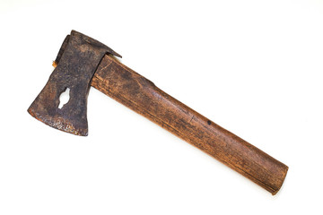Old rustic axe with wooden handle isolated on white background