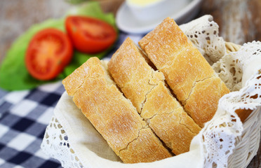 Few slices of ciabatta in bread basket, closeup

