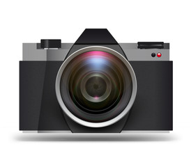Camera with lens on white background. Vector illustration. Ready to use in your design.