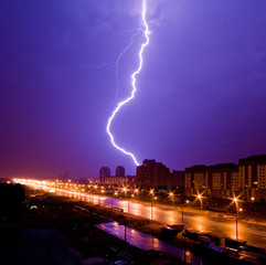 Fototapeta premium Amazing lightning view above night city.