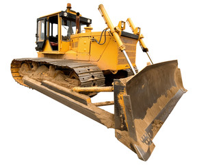 The heavy dirty building bulldozer of yellow color.