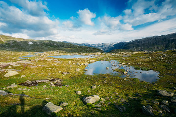 Mountains Landscape with Blue Sky and Lake in Norway. Scandinavia