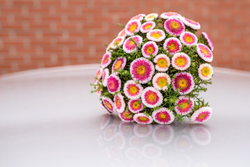 Bouquet of pink and white daisies on white table against orange brickwork