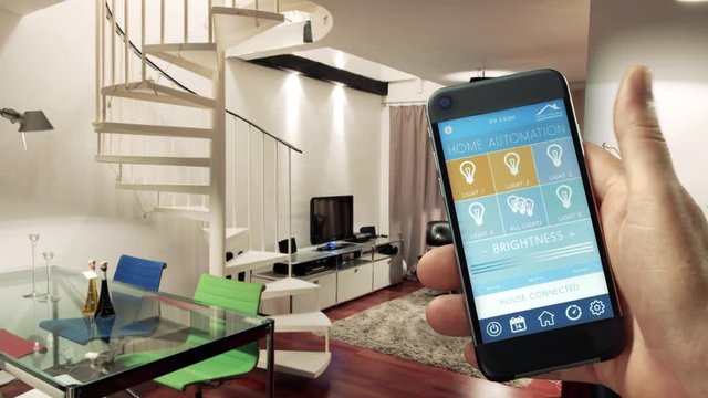 smart house, home automation, device with app icons. switch the lights on