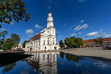 Fototapeta na wymiar Beautiful view of Kaunas Town Hall on square with cloudy sky on background