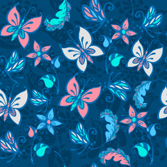 Vector flower pattern. Seamless  texture, detailed flowers and butterflies illustrations.  Floral pattern in doodle style, spring floral background.