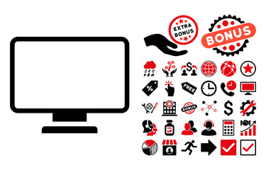 Monitor pictograph with bonus pictogram. Vector illustration style is flat iconic bicolor symbols, intensive red and black colors, white background.