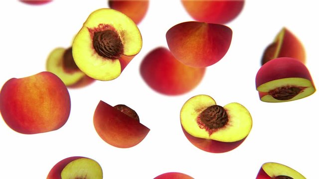 Sections of peach falling on white background, alpha channel, CG