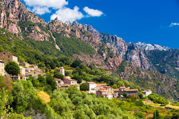 Ota town with the mountains in the background near Evisa and Porto, Corsica, France