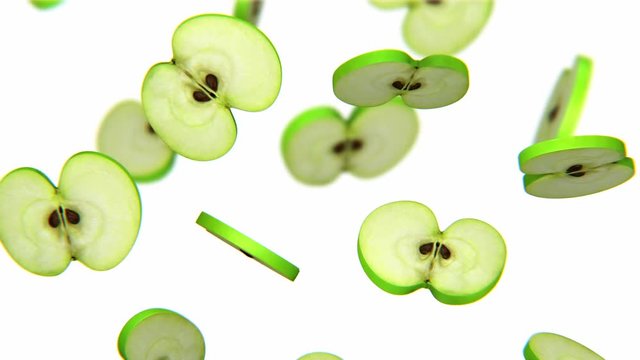Sections of green apple falling on white background, alpha channel, CG