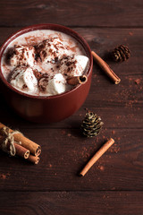 Christmas drink. Hot chocolate in a mug, marshmallows, cinnamon