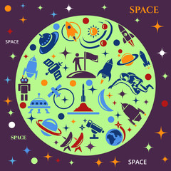 Space exploration decorative icons flat set with alien rockers telescope asteroid,  vector illustration
