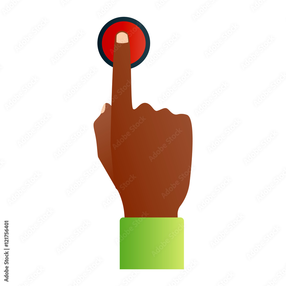 Poster hand press button finger press icon on white background. finger control start up hands push button p