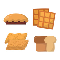 Vector illustration of bakery product food collection. Breakfast wheat meal chocolate dessert bakery products. Fresh grain product bun roll bakery products grocery health diet snack gourmet cereal.