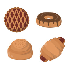 Vector illustration of bakery product food collection. Breakfast wheat meal chocolate dessert bakery products. Fresh grain product bun roll bakery products grocery health diet snack gourmet cereal.