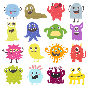 Cute monster color character funny design element. Humour emoticon fantasy monsters unique expression sticker isolated. Alien sticker vector fantasy monsters paint crazy animals.