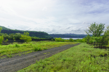 Fototapeta na wymiar masaya volcano natural park road with views at masaya lagoon