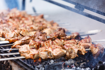 Shish kebab on skewers (beef, pork, chicken) are roasted over th