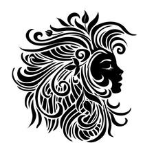 Black and white silhouette beautiful fashionable womans head. Nice face with curluy hair.