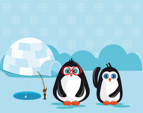 Pinguins pescando pr&oacute;ximo a um iglu