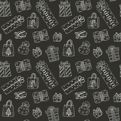 Seamless pattern with hand drawn doodle Christmas gift boxes.