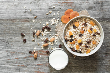homemade muesli with dried fruits and milk. top view