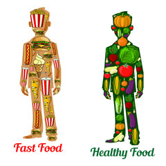 Healthy diet nutrition and fast food. Human icons