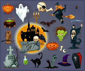 Halloween cartoon characters icons and elements
