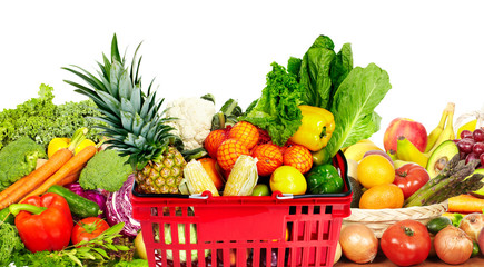 Vegetables and fruits over white background.