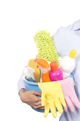 woman with cleaning equipment ready to clean house