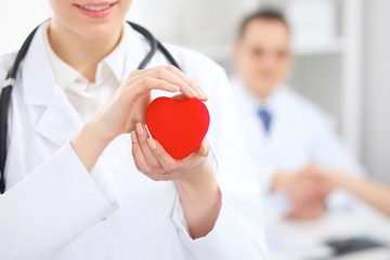 Female doctor with stethoscope holding heart.  Doctor and patient sitting in the background