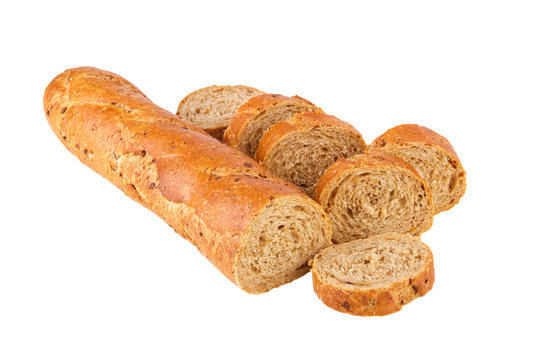 Baguette healthy food whole grain baguette half and pieces on white