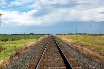 Fototapeta na wymiar Railroad tracks in North Dakota on a summer day. 