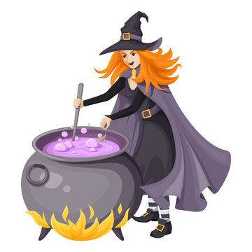 Red-haired beautiful witch in black dress, cloak and pointed hat making purple magical potion in an old large cauldron. Vector illustration isolated on a white background.