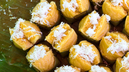 Tan dessert of banana leaves.