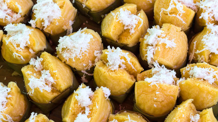 Tan dessert of banana leaves.