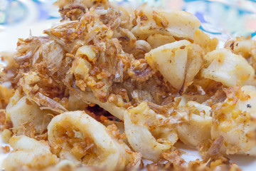 Close up Fried squid with garlic,Thailand food