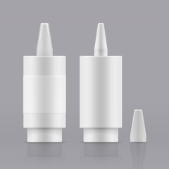 Vector nasal spray. White plastic container for liquid. Open and closed white plastic bottles. Container with medical drug for nose. Blank packing - realistic vector isolated illustration