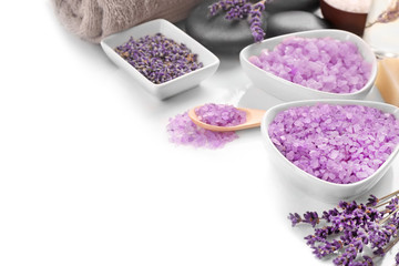 Obraz na płótnie Canvas Beautiful spa composition with lavender on white background