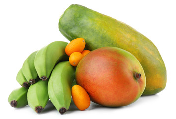 Exotic fruits: mango, bananas, papaya and kumquats isolated on white