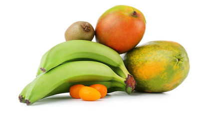 Exotic fruits: mango, bananas, papaya, kiwi and kumquats isolated on white