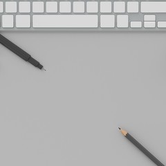 minimal work space : back pen , black pencil and computer on light grey pastel background for copy space , top view , flat lay.