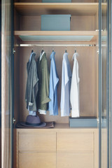 Modern style wooden closet with shirts hanging on rail