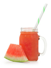 Watermelon smoothie in jar with handle and slice Watermelon on w