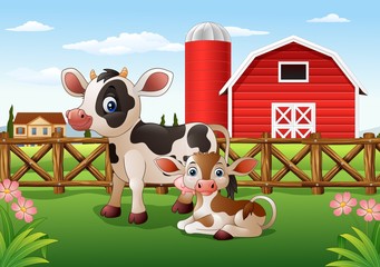 Cartoon cow and calf with farm background     © ekyaky