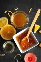 Natural scrub ingredients on gray table