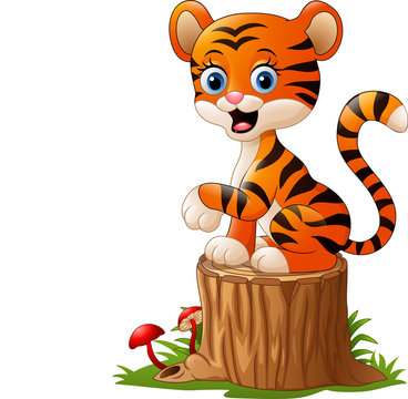 Cartoon baby tiger sitting on tree stump

