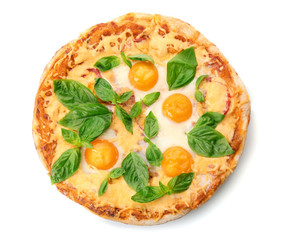 Margarita pizza with basil leaves and egg isolated on white