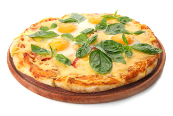 Margarita pizza with basil leaves and egg isolated on white